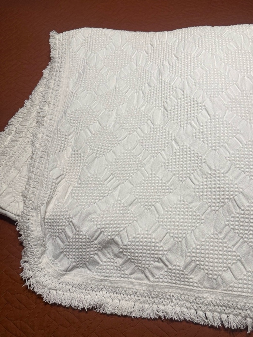 Vintage White Woven Textured Cotton Bedspread 80 inches by 112 inches.